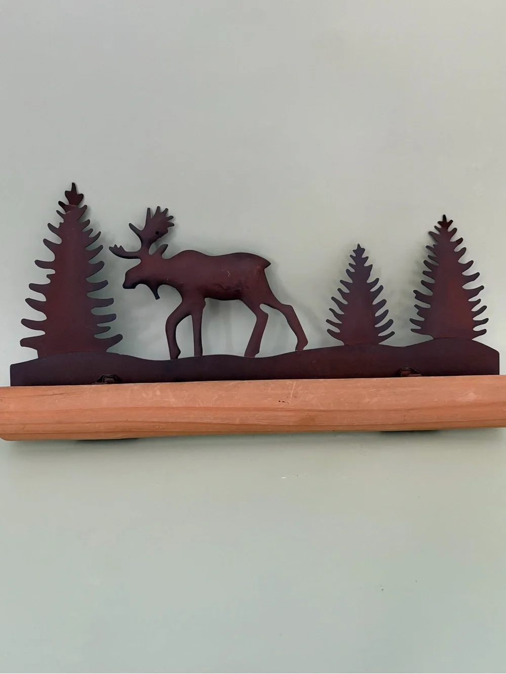 Rustic Metal Moose and Pine Tree Shelf Accent - Brown